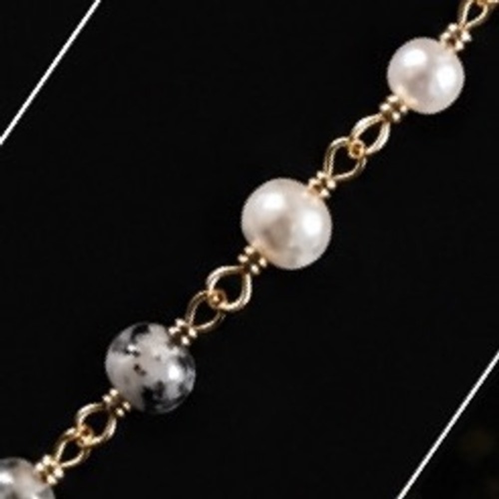 Crescent Moon Horn Necklace Pearl Dalmatian Jasper Gold Tone Celestial Boho - Picture 3 of 8